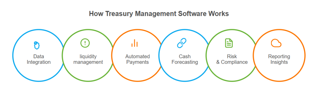 Treasury application software workflow showing data integration, liquidity control, payments, and forecasting steps