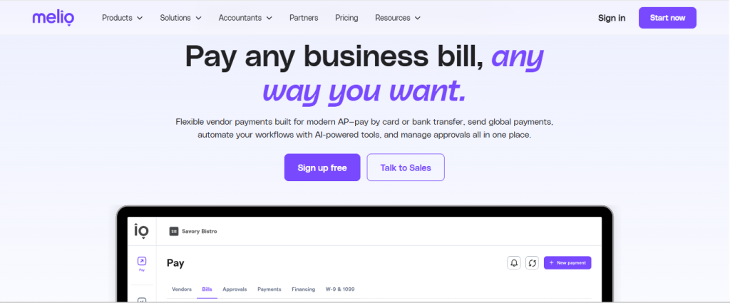 Melio accounts payable interface showing simplified invoice submission and payment options