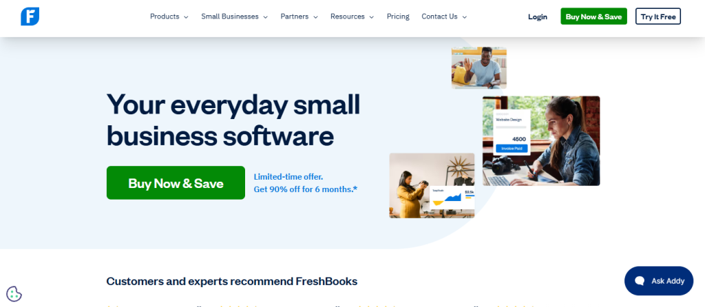 FreshBooks dashboard displaying basic invoice capture and small business expense tracking