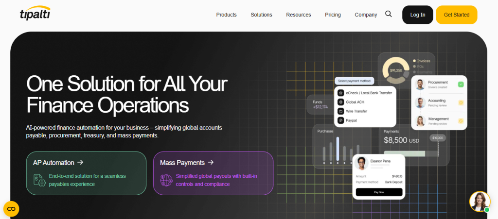 Tipalti accounts payable solution interface displaying global payments and vendor management