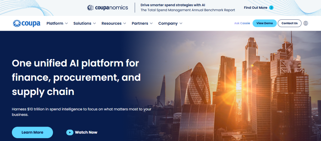 Coupa spend management platform interface displaying automated procure-to-pay and invoice matching