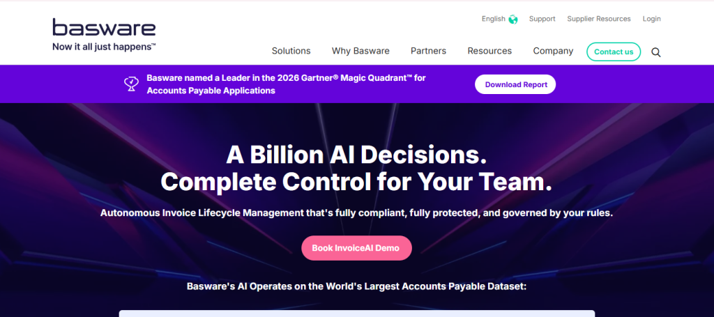 Basware AP platform dashboard displaying high-volume touchless invoice processing and global e-invoicing compliance